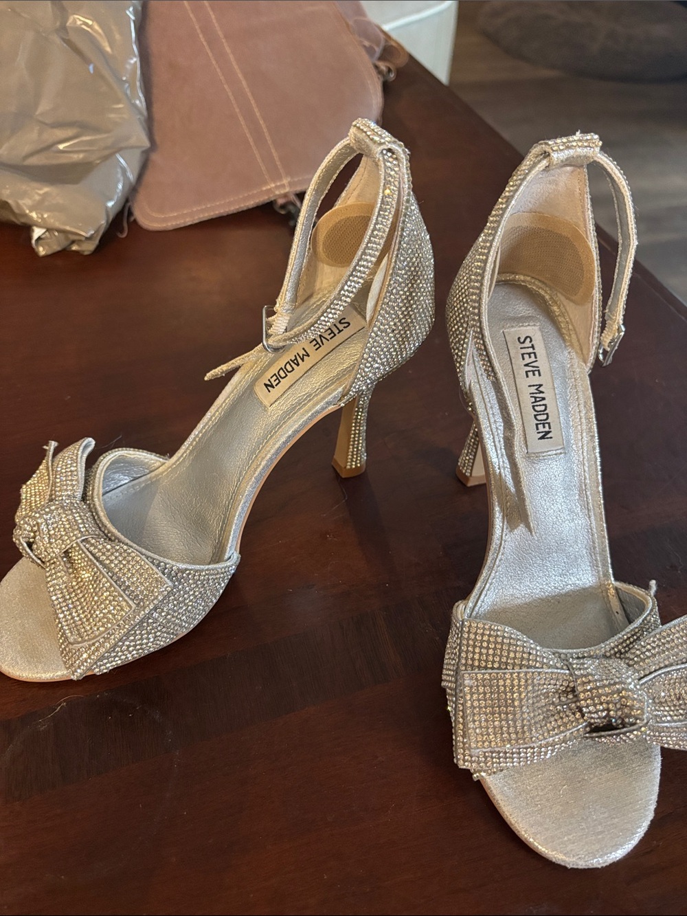 Steve Madden Silver Crystal Bow Heeled Sandals
